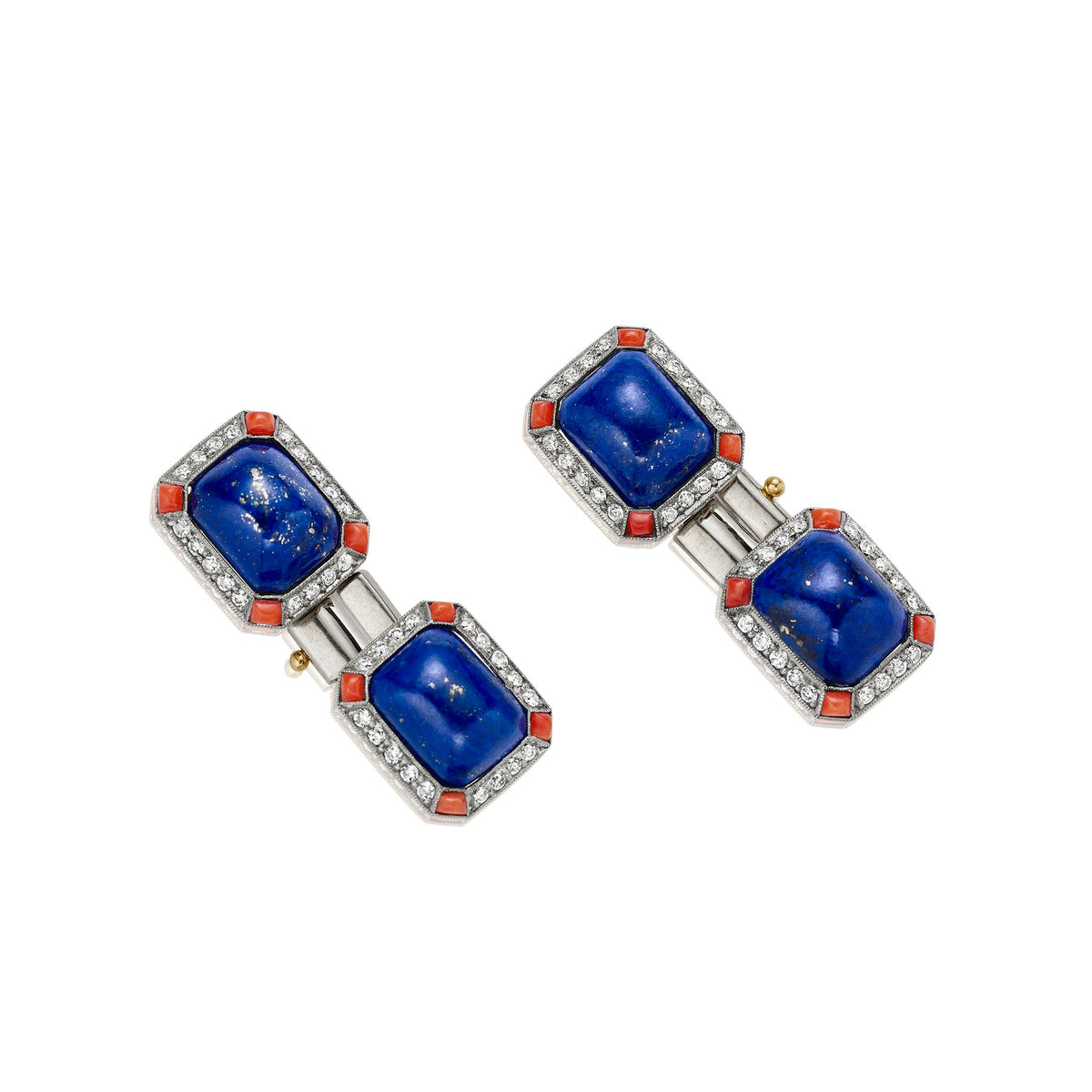 French Art Deco Lapis, Coral and Diamond Cuff Links