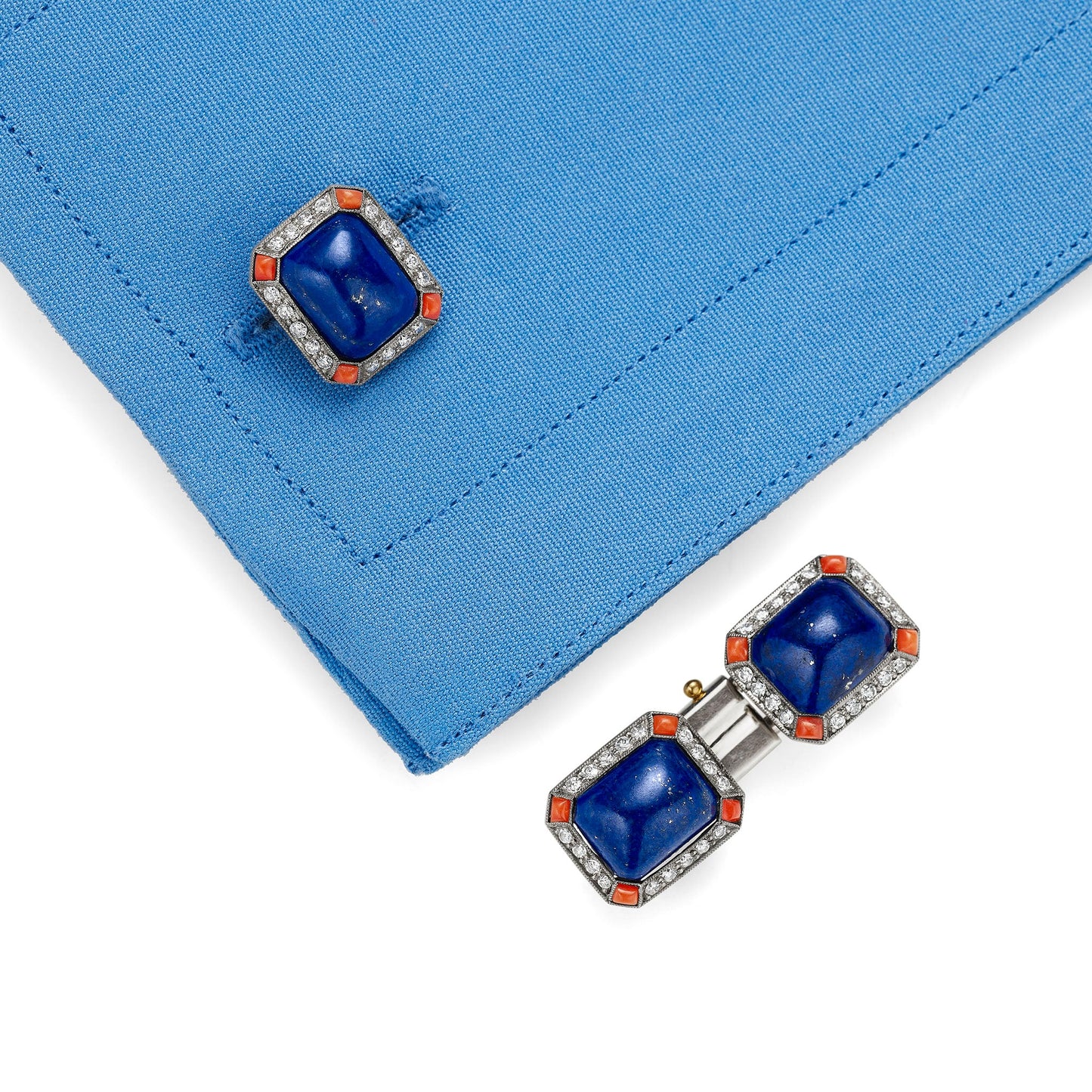 French Art Deco Lapis, Coral and Diamond Cuff Links