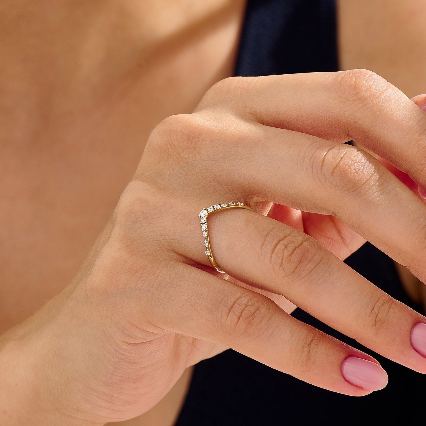 Women's 14K Solid Gold Curved Diamond Ring V-Shaped Dainty Stackable Contour Band & Nesting Enhancer
