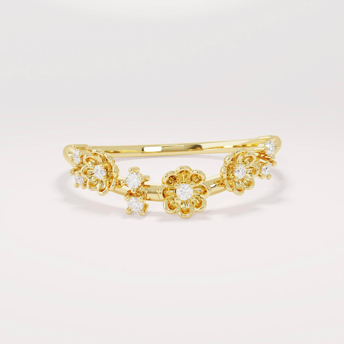 14k Daisy Curved Ring - Solid Gold Floral Wedding Band, Dainty Delicate Gold Ring for Her
