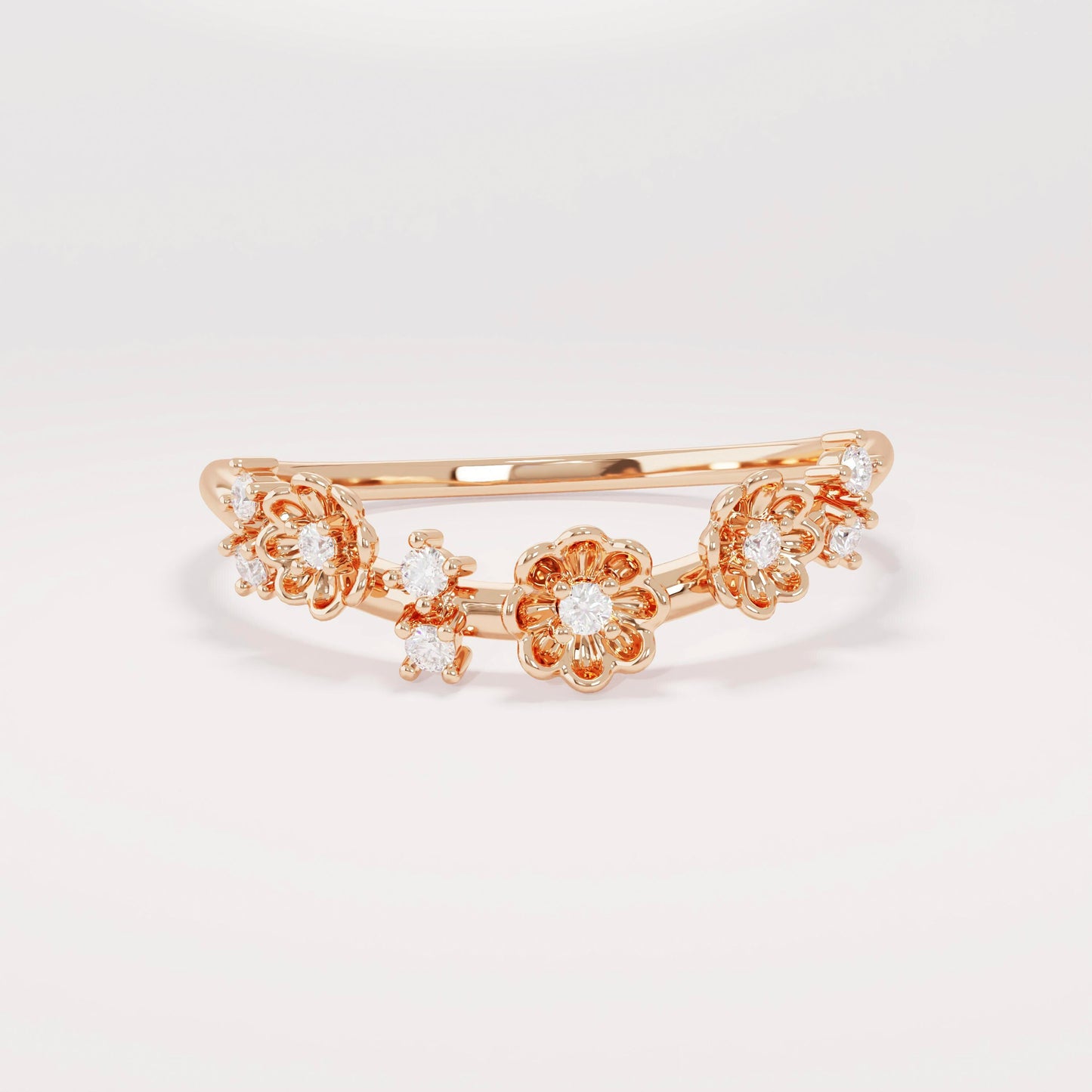 14k Daisy Curved Ring - Solid Gold Floral Wedding Band, Dainty Delicate Gold Ring for Her