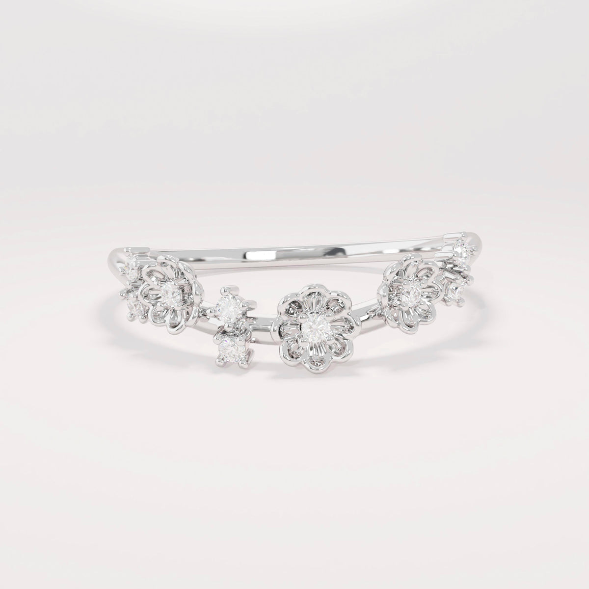 14k Daisy Curved Ring - Solid Gold Floral Wedding Band, Dainty Delicate Gold Ring for Her