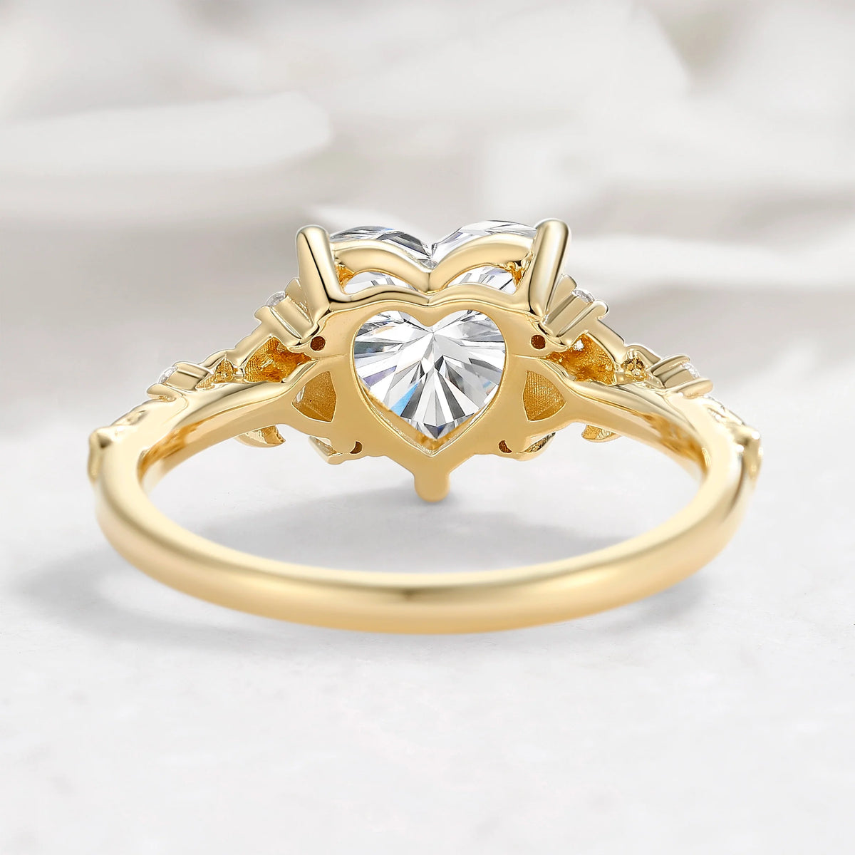 Three Stone Heart Cut Lab Diamond Leaf Engagement Ring