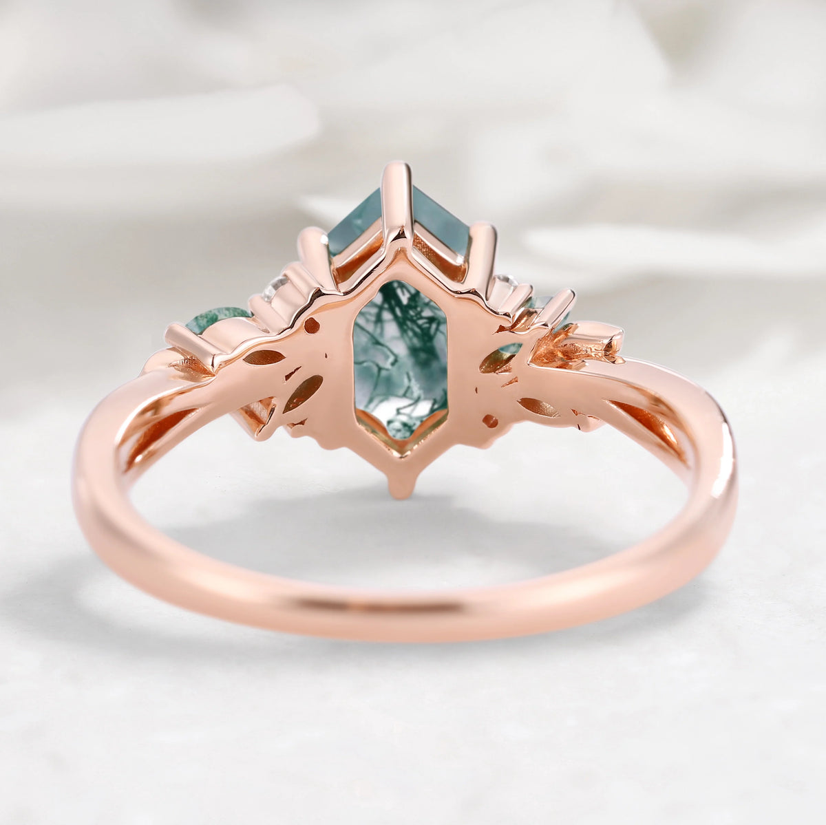 Nature-inspired Leaf Hexagon Cut Moss Agate Engagement Ring