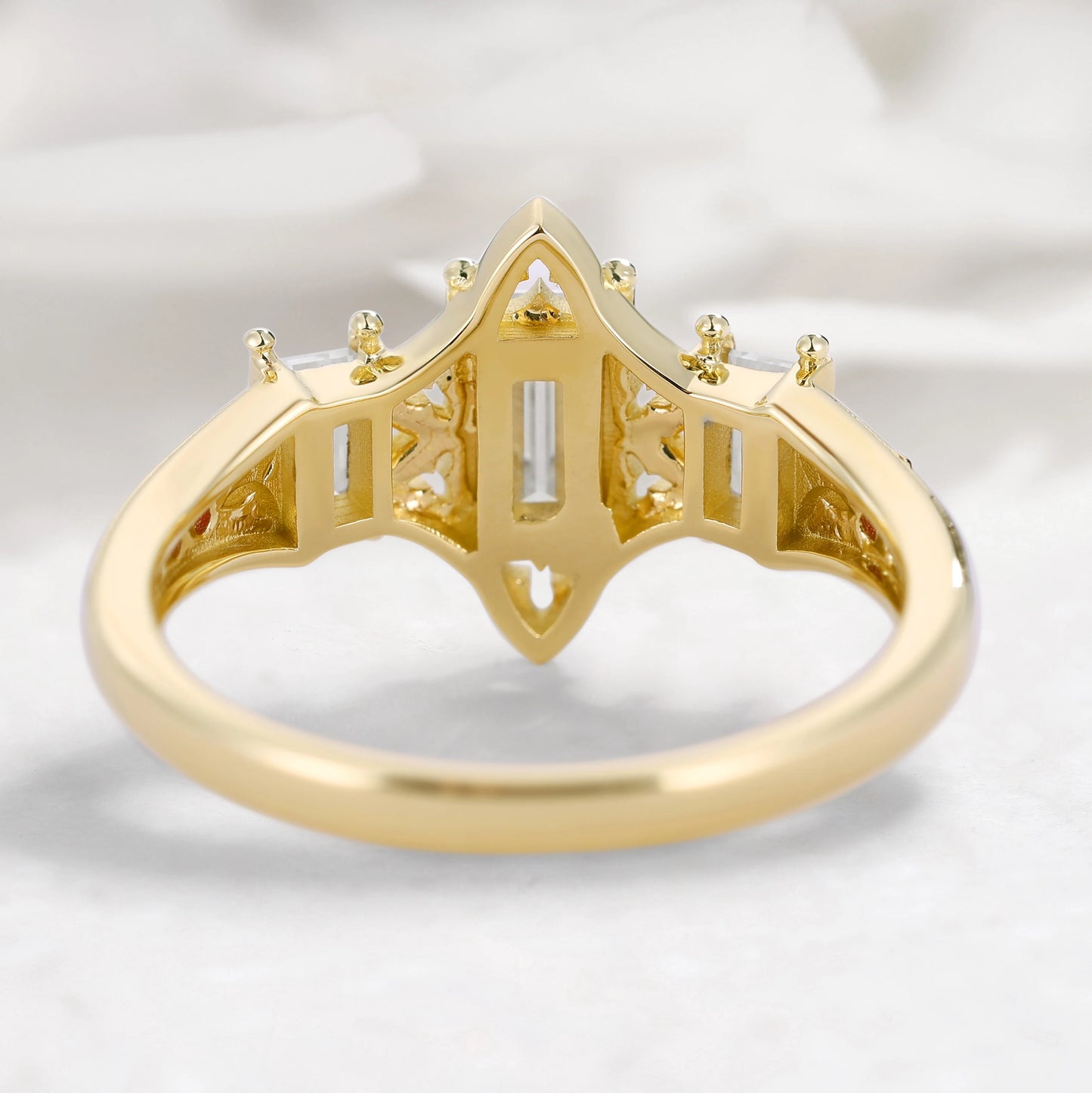 Vintage Three-Stone Emerald Cut Moissanite Engagement Ring Cathedral-Inspired