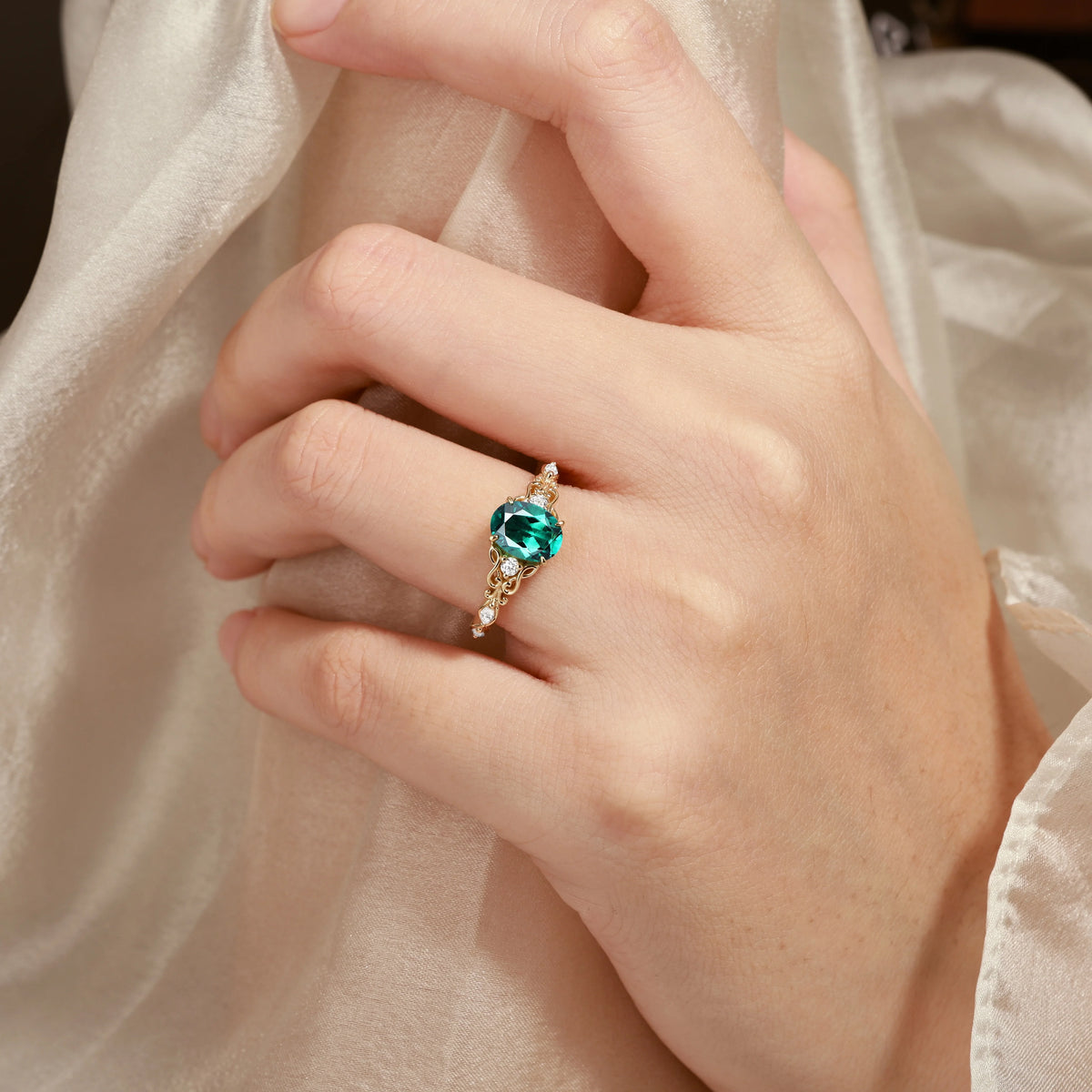 Oval Cut Musical Note Emerald Engagement Ring - Melody Ring