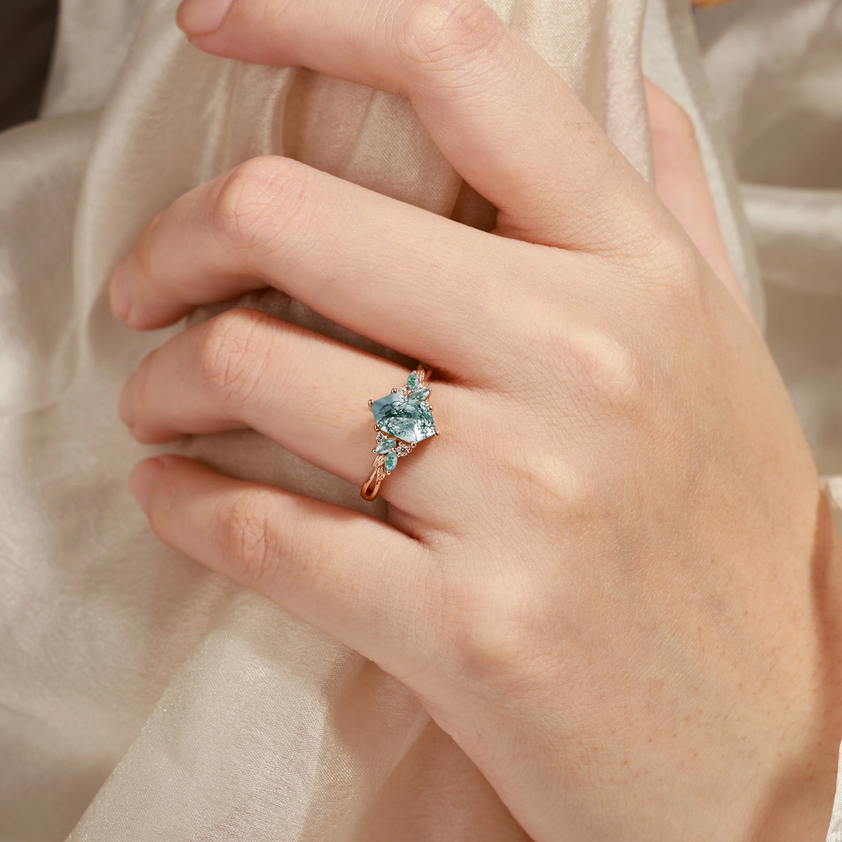 Nature-inspired Leaf Hexagon Cut Moss Agate Engagement Ring