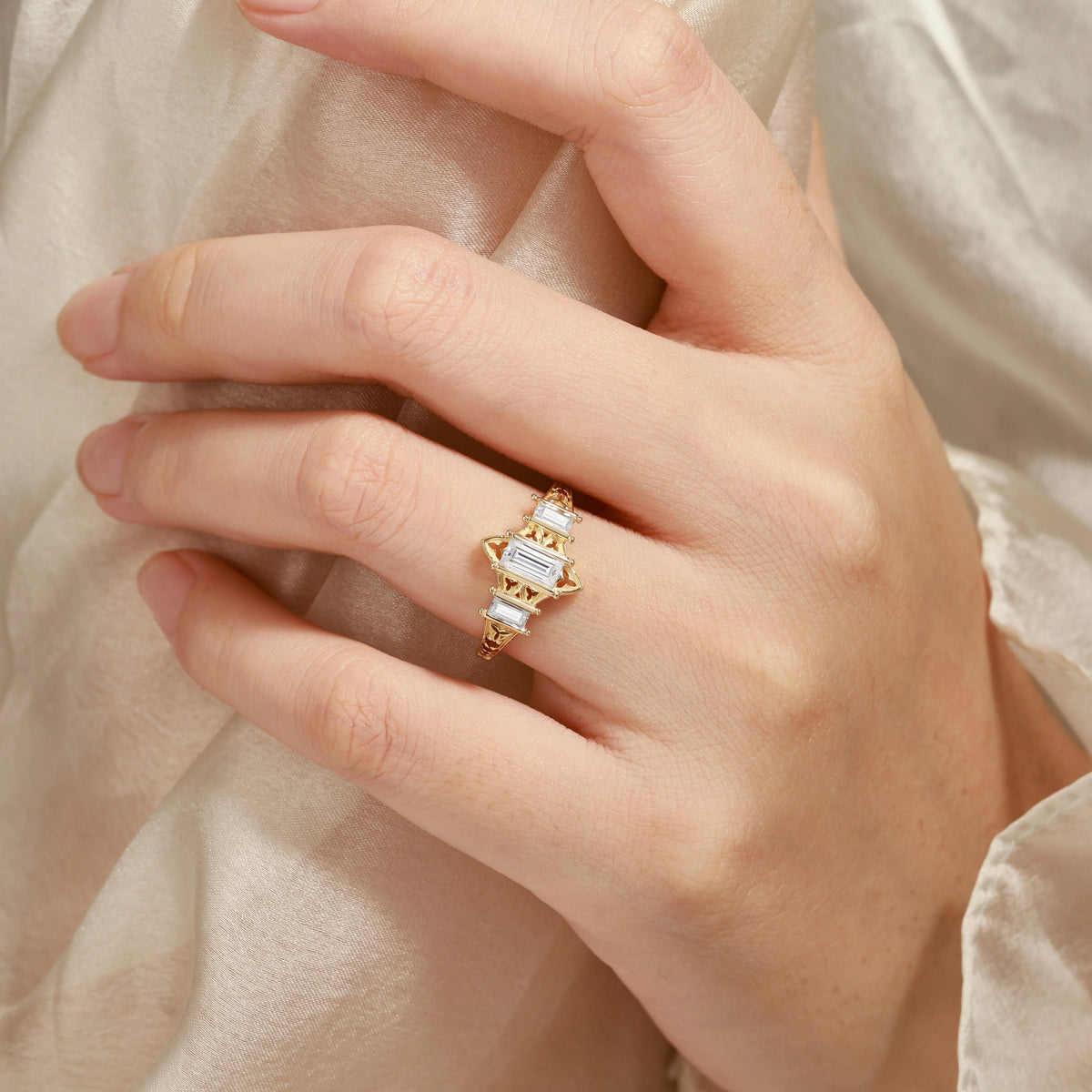 Vintage Three-Stone Emerald Cut Moissanite Engagement Ring Cathedral-Inspired