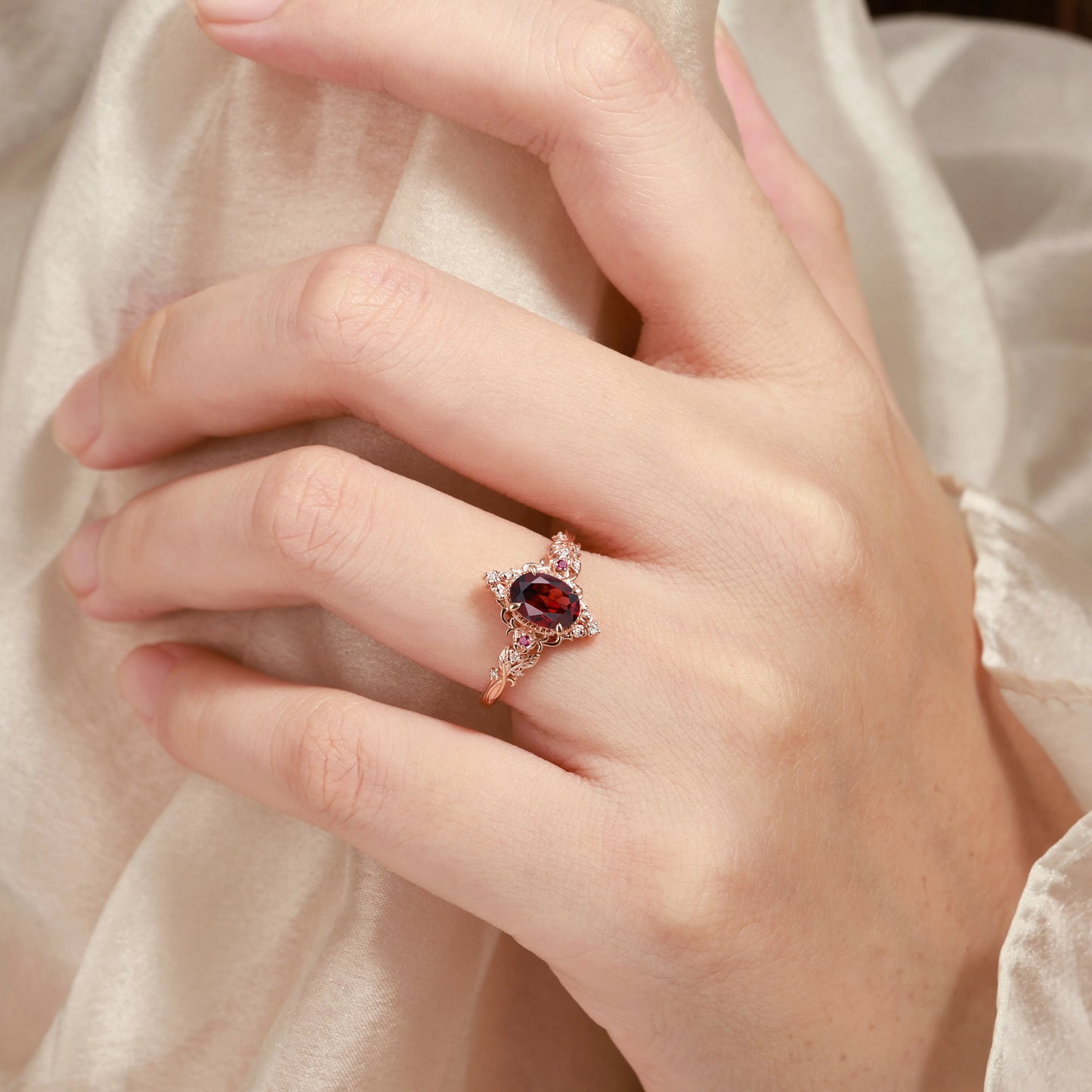 Nature-Inspired Flower Oval Cut Garnet Engagement Ring – Rose Manor