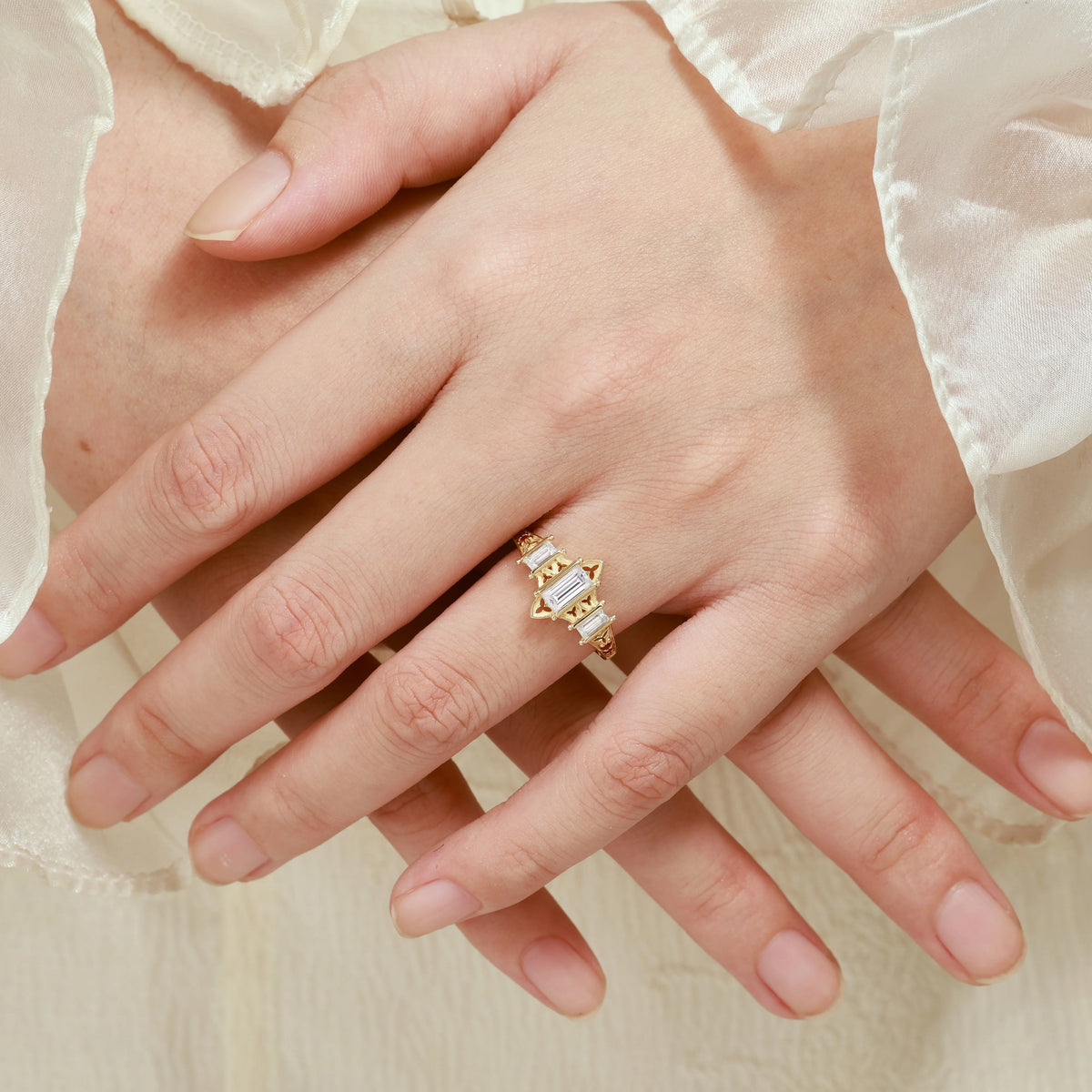 Vintage Three-Stone Emerald Cut Moissanite Engagement Ring Cathedral-Inspired