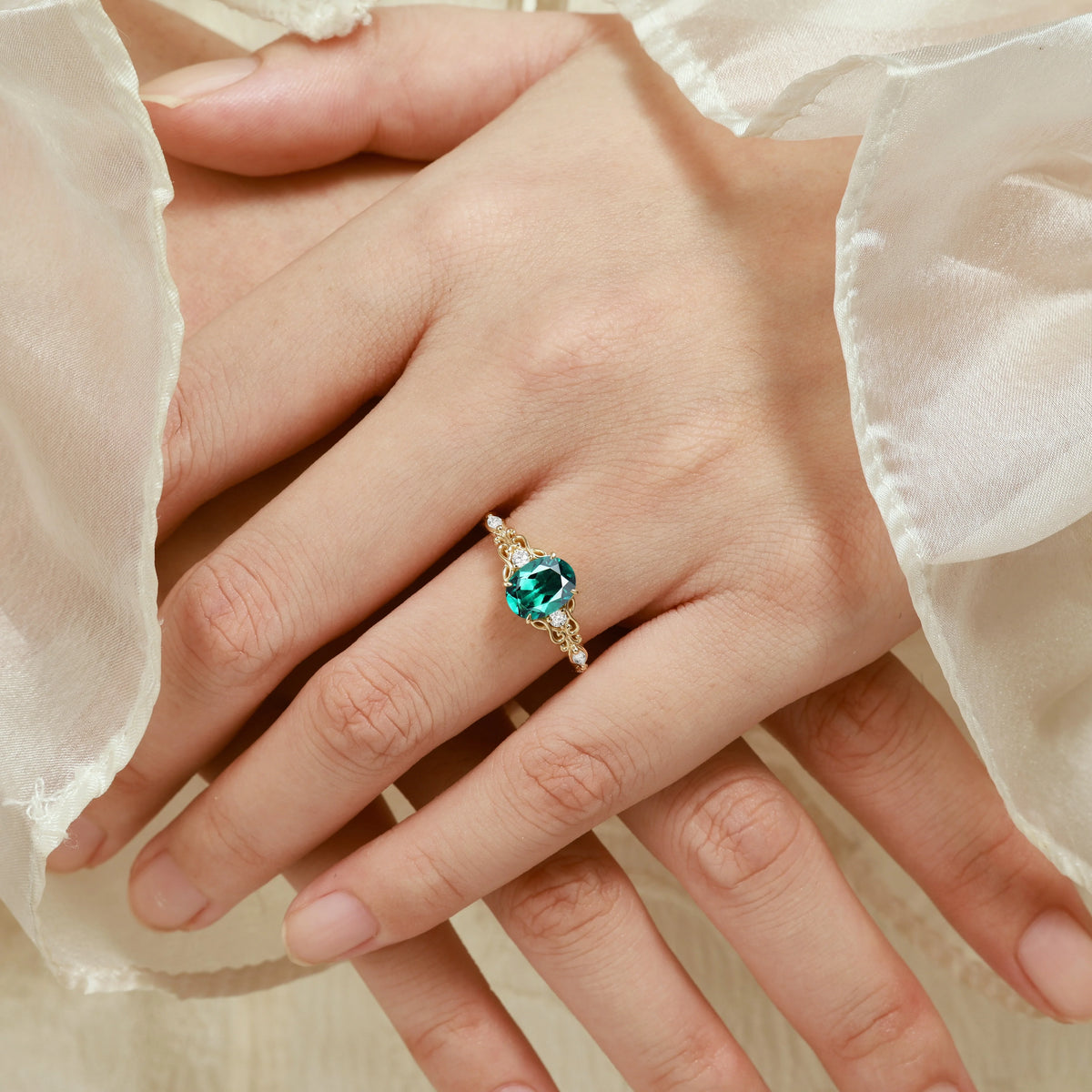 Oval Cut Musical Note Emerald Engagement Ring - Melody Ring