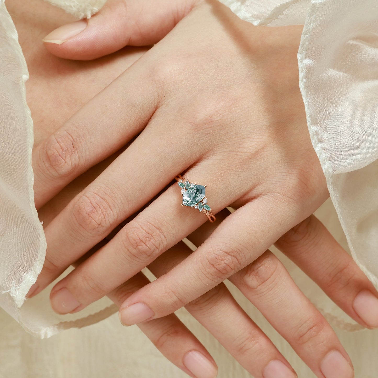 Nature-inspired Leaf Hexagon Cut Moss Agate Engagement Ring
