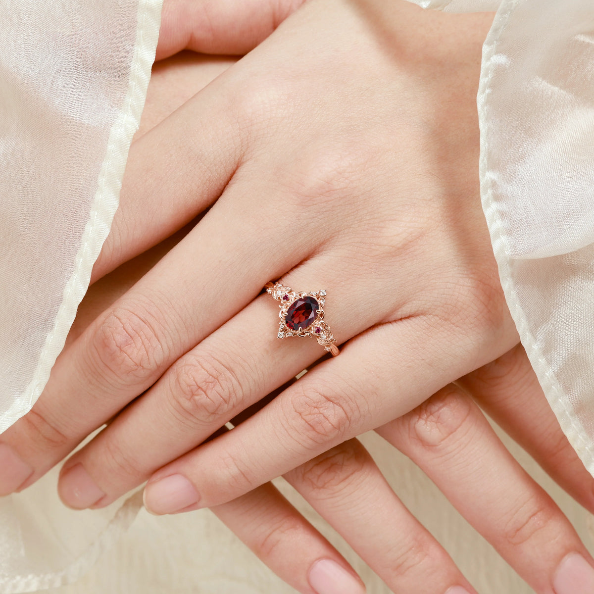 Nature-Inspired Flower Oval Cut Garnet Engagement Ring – Rose Manor