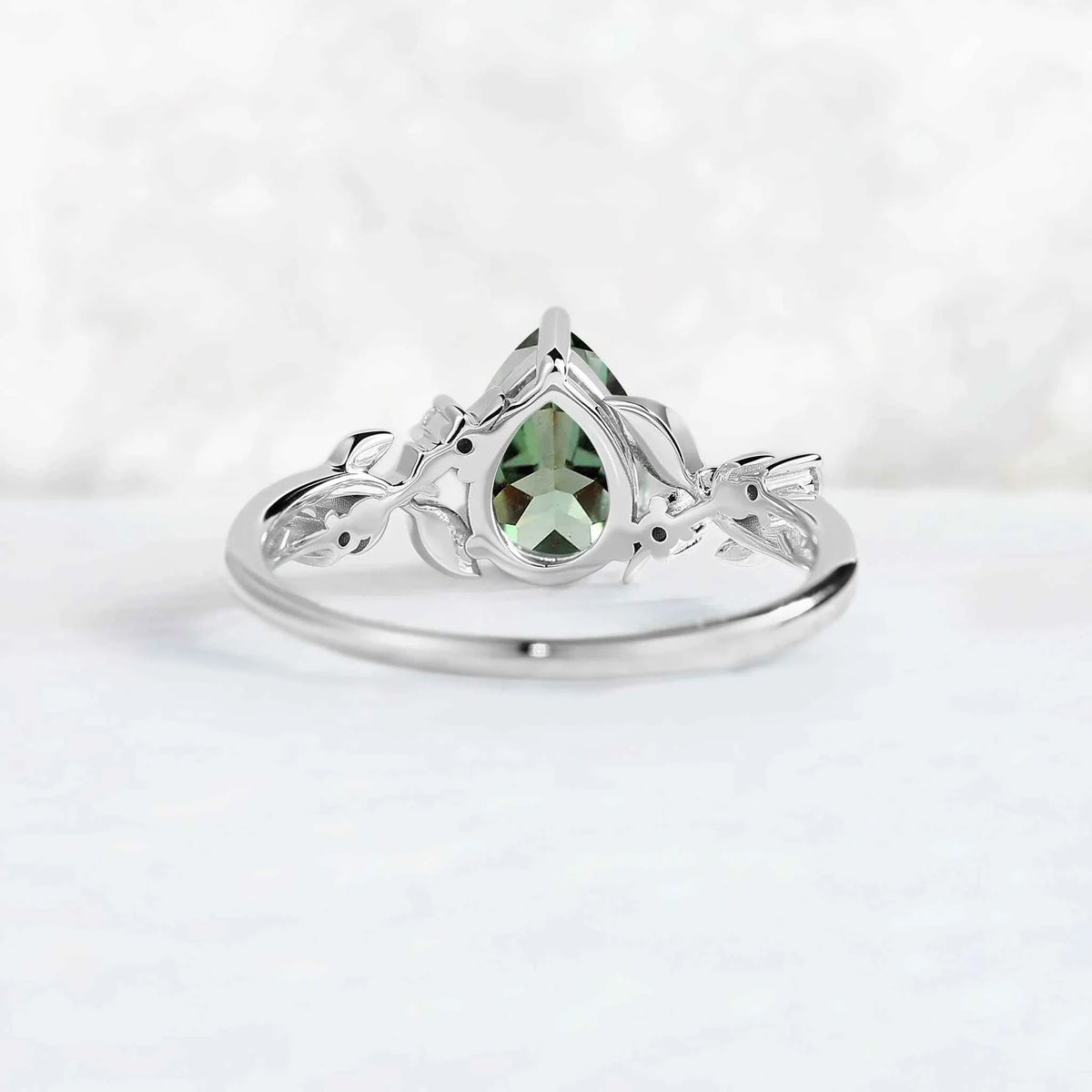 Nature Inspired Pear Cut Lab Green Sapphire Moon & Leafy Ring
