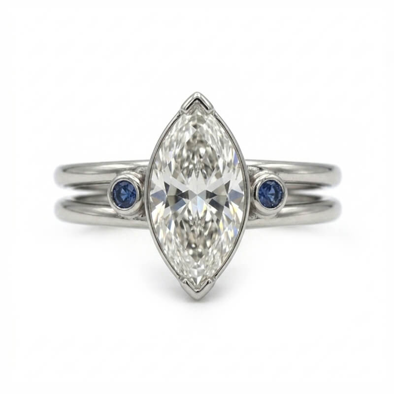 Cat Eye Inspired Marquise Moissanite with Sapphire Split Shank Engagement Ring