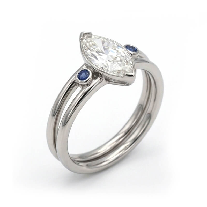 Cat Eye Inspired Marquise Moissanite with Sapphire Split Shank Engagement Ring