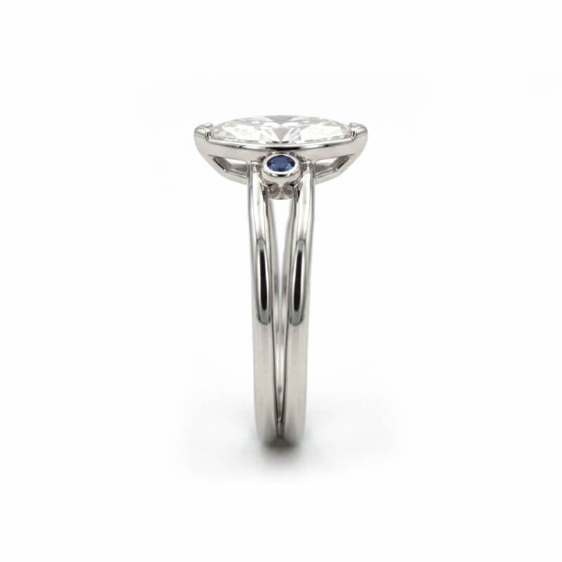 Cat Eye Inspired Marquise Moissanite with Sapphire Split Shank Engagement Ring