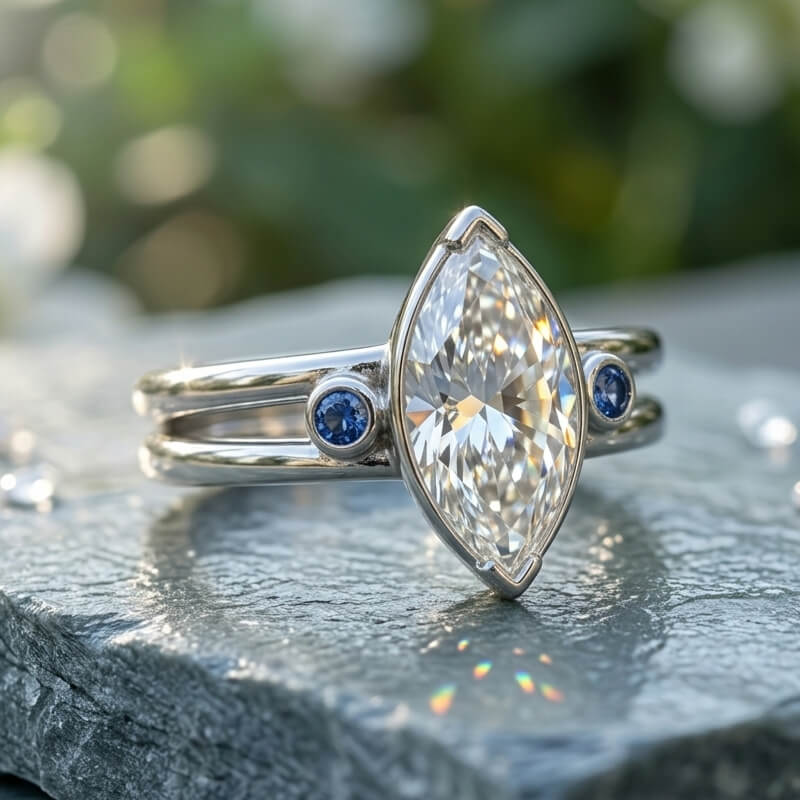 Cat Eye Inspired Marquise Moissanite with Sapphire Split Shank Engagement Ring
