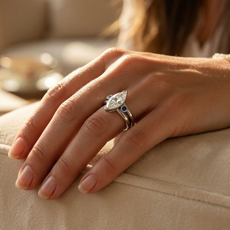 Cat Eye Inspired Marquise Moissanite with Sapphire Split Shank Engagement Ring