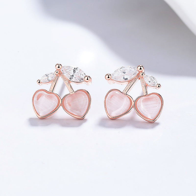 Heart Cat's Eye & Cherry Zircon Stud Earrings for Women