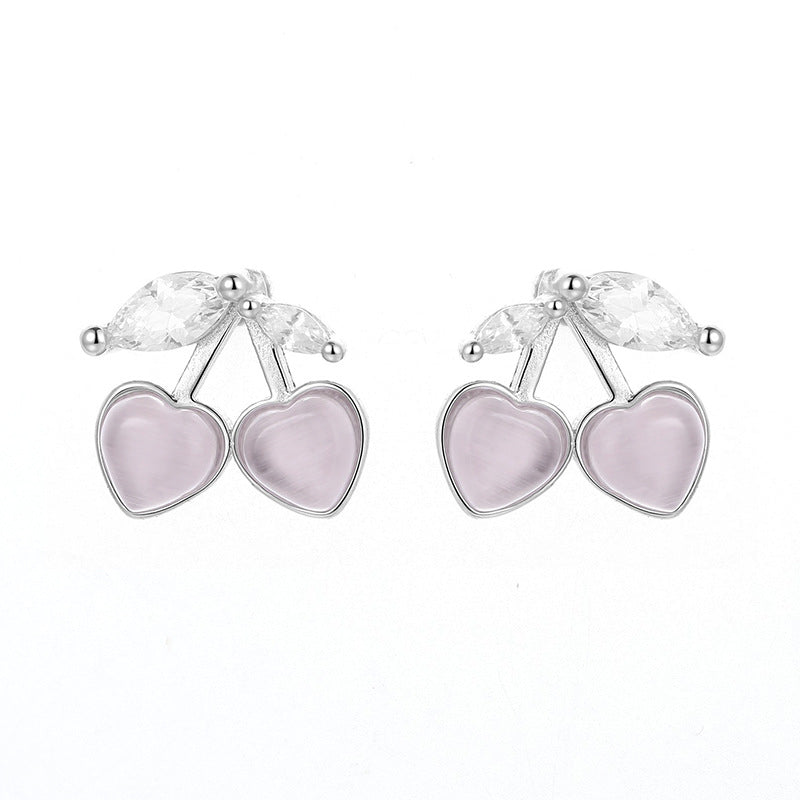 Heart Cat's Eye & Cherry Zircon Stud Earrings for Women