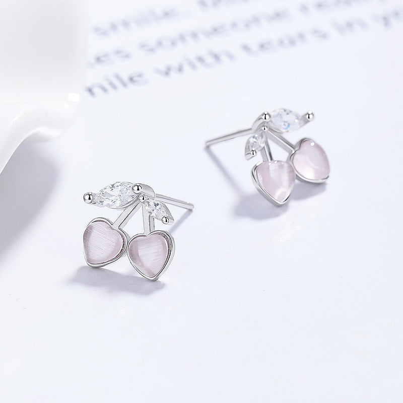 Heart Cat's Eye & Cherry Zircon Stud Earrings for Women