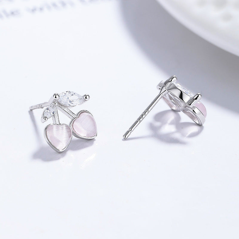 Heart Cat's Eye & Cherry Zircon Stud Earrings for Women