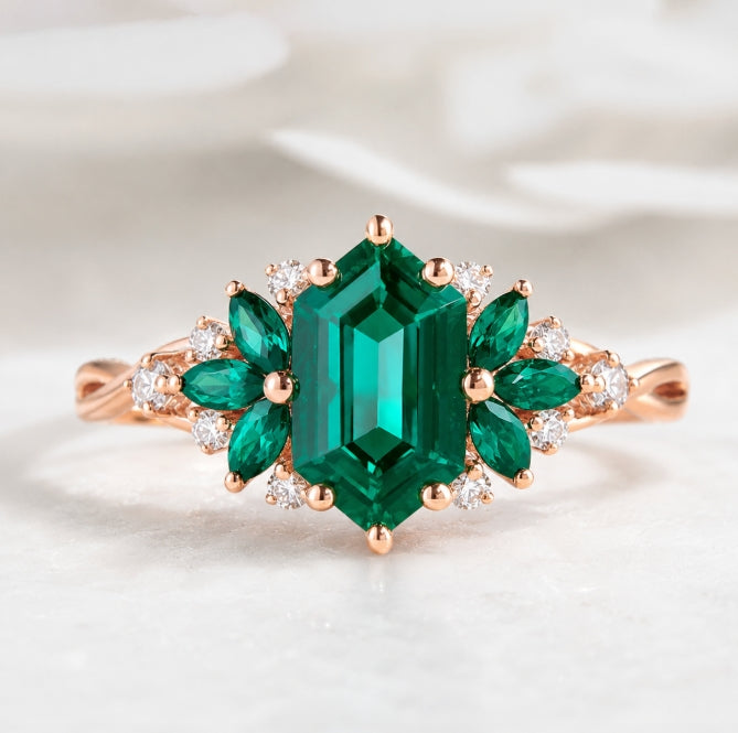 Vintage Hexagon Cut Lab Emerald Engagement Ring With Marquise Emerald Accent Stone For Dylan