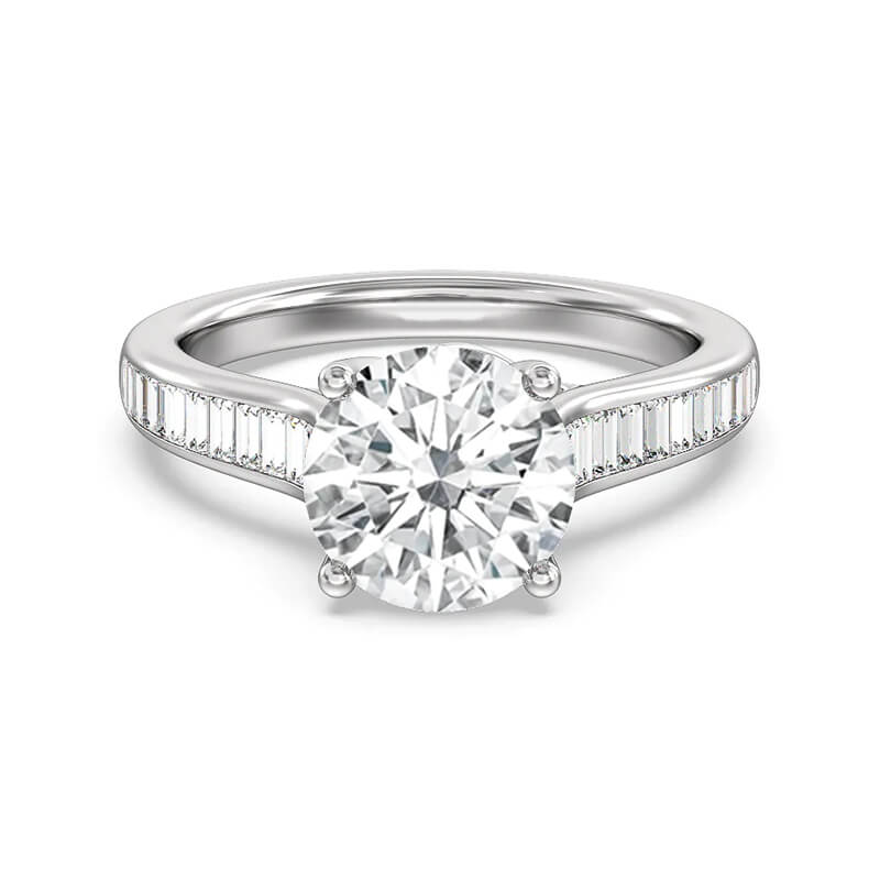 Cathedral Round Moissanite Baguette Accents Engagement Ring