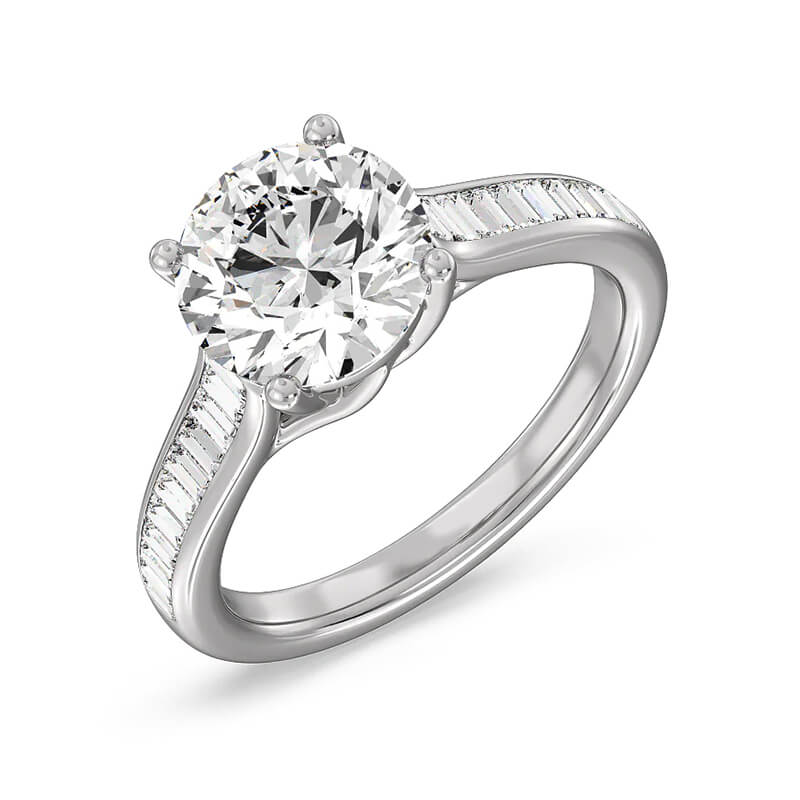 Cathedral Round Moissanite Baguette Accents Engagement Ring