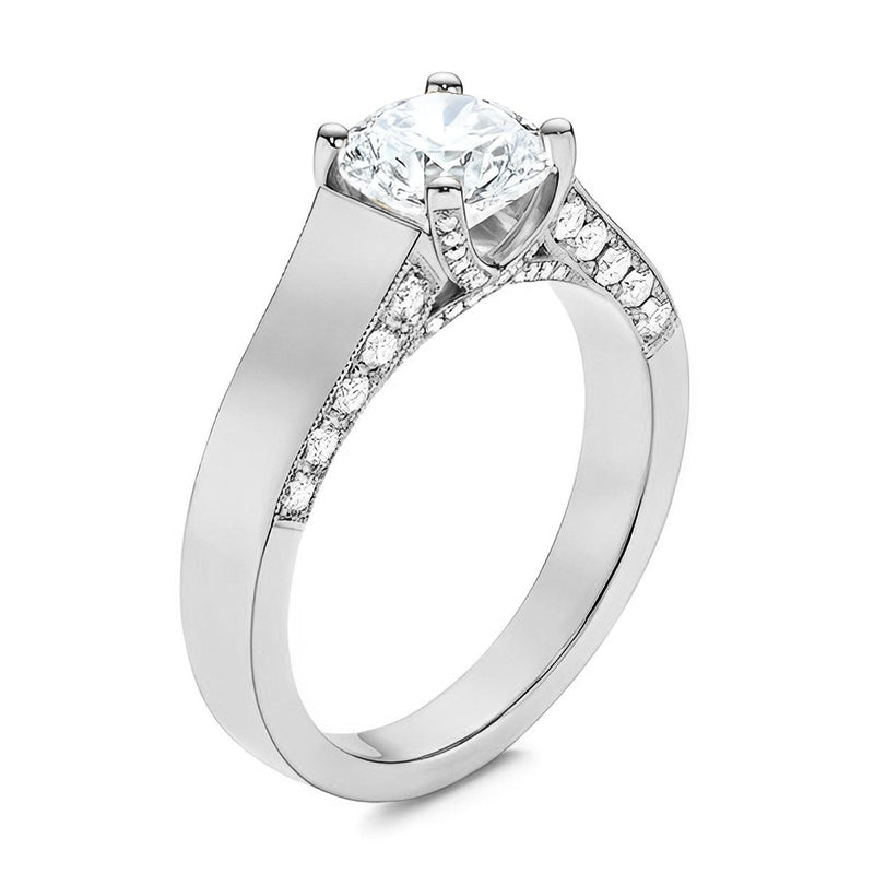 Cathedral Round Moissanite Flat Shank Pave Engagement Ring