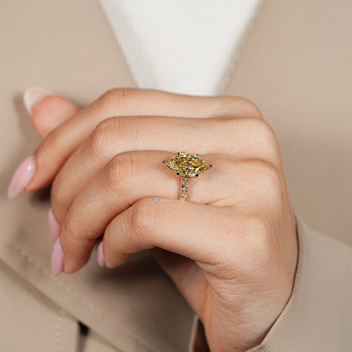 Yellow Dutch Marquise Diamond Ring with Art Deco Milgrain Details