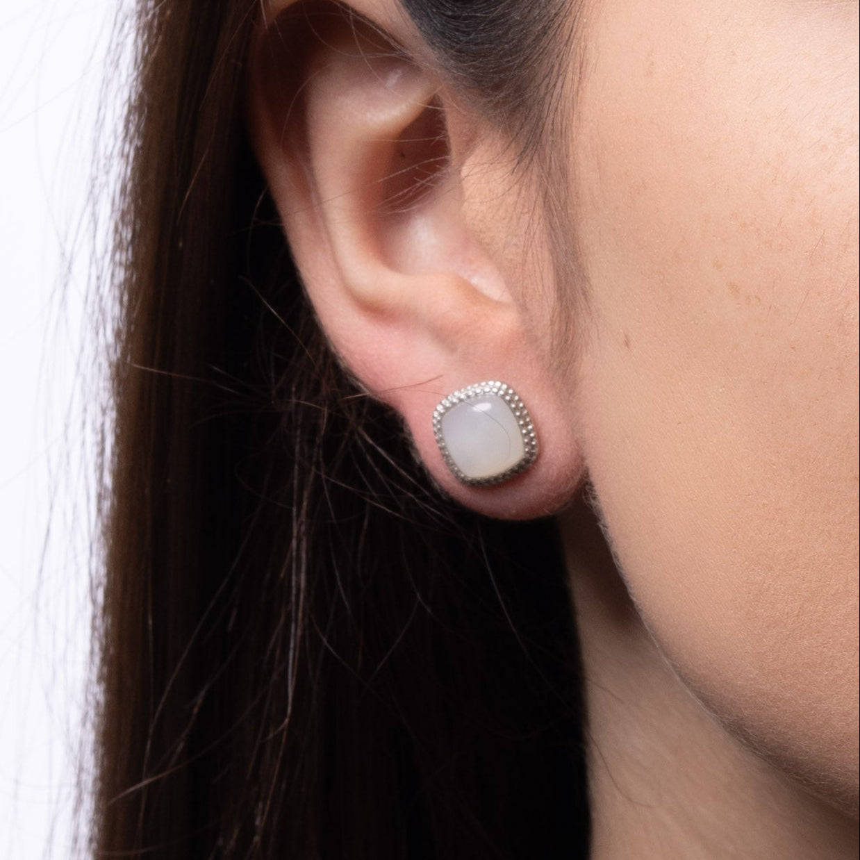 Celeste Cushion – White Jade Stud Earring in Sterling Silver with Beaded Frame