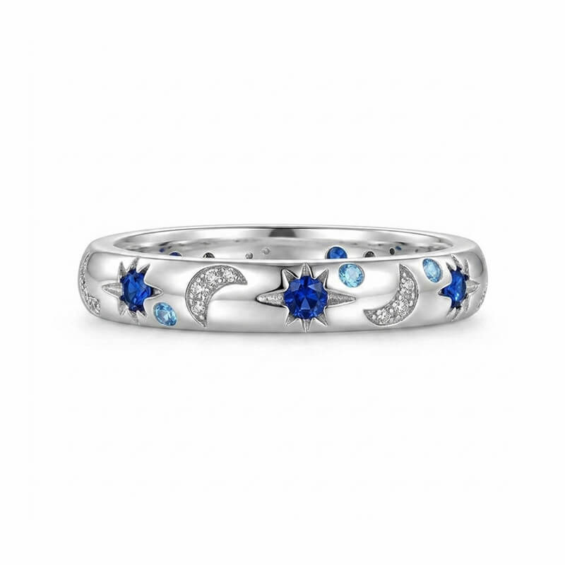 Celestial Moon and Star Constellation Eternity Moissanite Wedding Band Ring