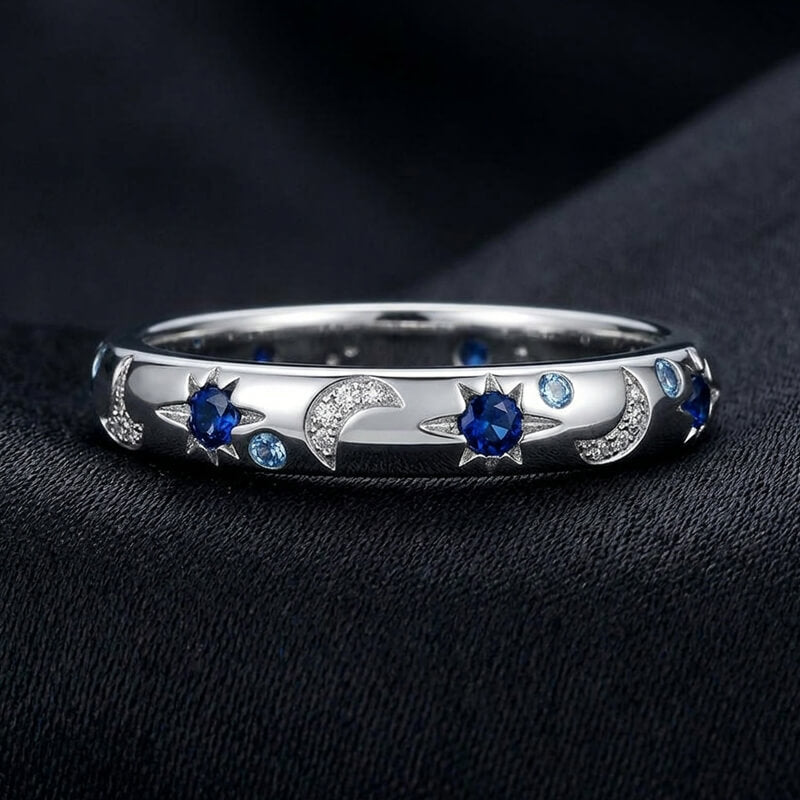 Celestial Moon and Star Constellation Eternity Moissanite Wedding Band Ring