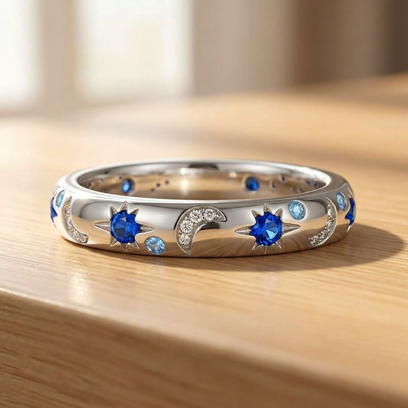Celestial Moon and Star Constellation Eternity Moissanite Wedding Band Ring