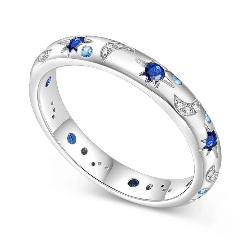 Celestial Moon and Star Constellation Eternity Moissanite Wedding Band Ring