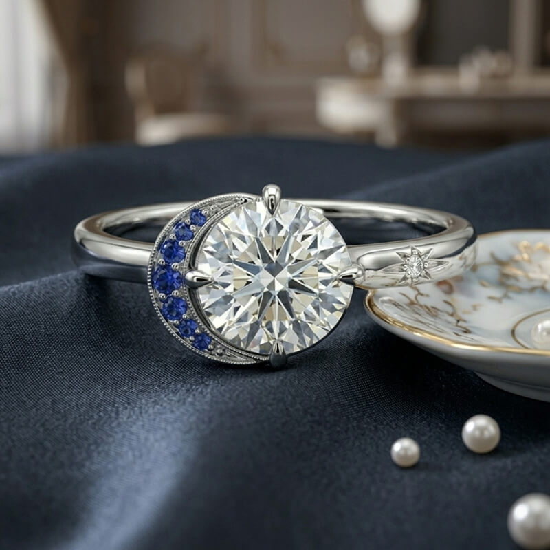 Celestial Sun and Moon & Star Accent Moissanite Engagement Ring