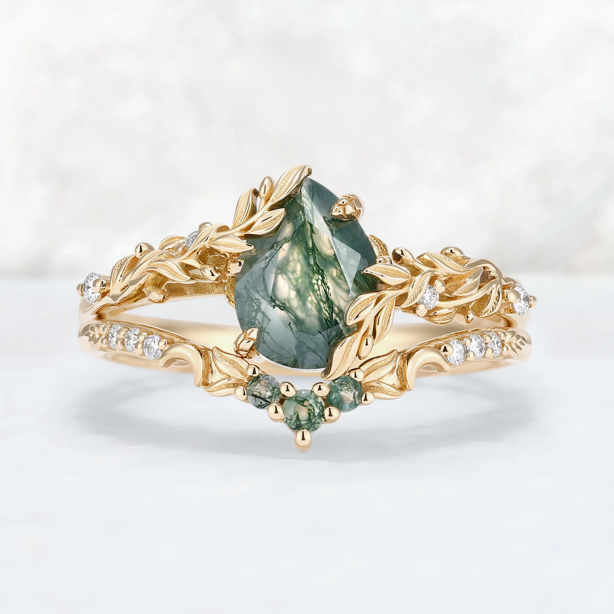Celestial Nature Moonlit Olive Leaf Moss Agate Gemstone Bridal Ring Set 2pcs