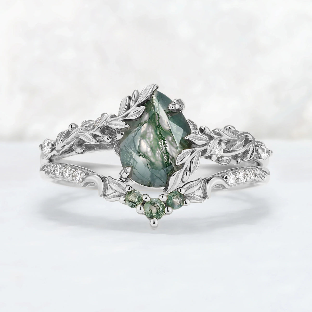 Celestial Nature Moonlit Olive Leaf Moss Agate Gemstone Bridal Ring Set 2pcs