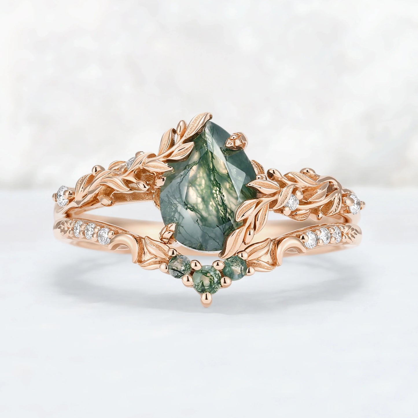 Celestial Nature Moonlit Olive Leaf Moss Agate Gemstone Bridal Ring Set 2pcs