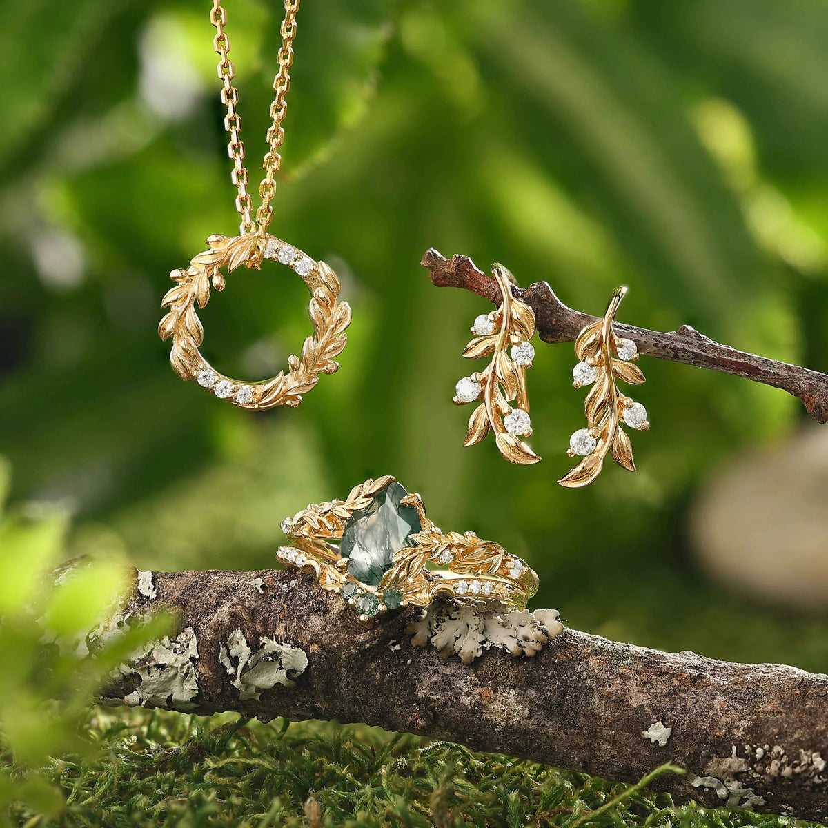 Olive Leaf Inspired Round Cut Moissanite Wreath Pendant Necklace