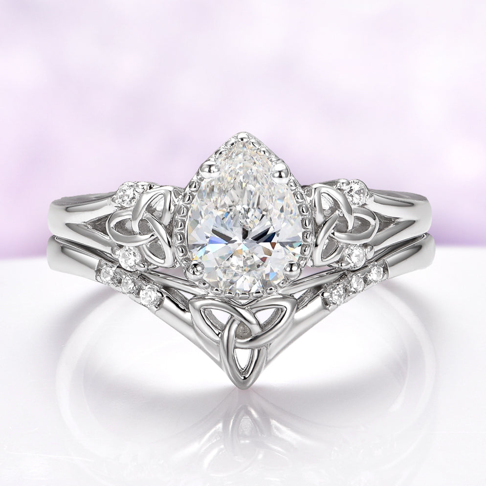 Celtic Knot Moissanite Engagement Ring Set in 14K White Gold