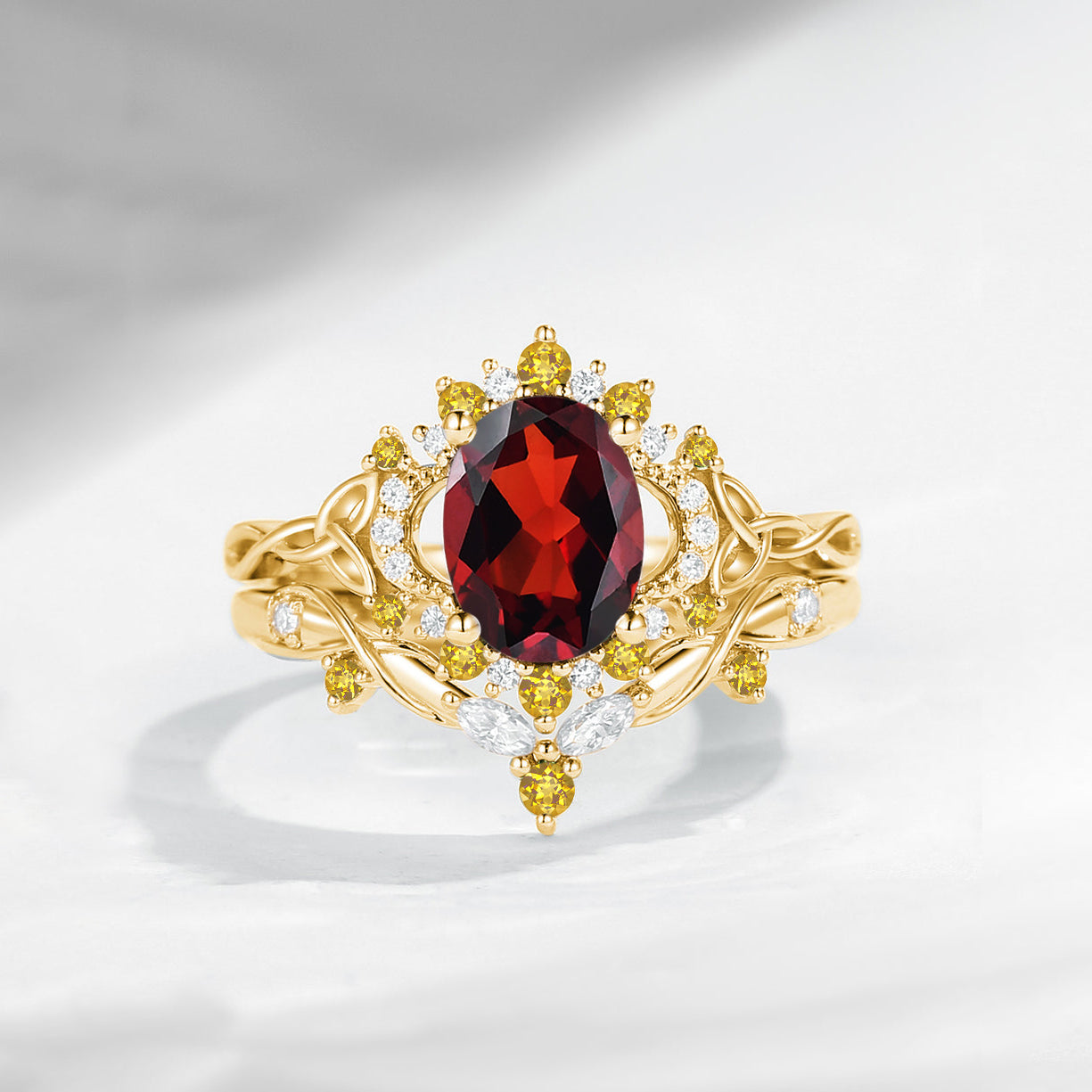 Celtic Moon - Vintage Inspired Oval Cut Garnet Infinity Engagement Ring Set