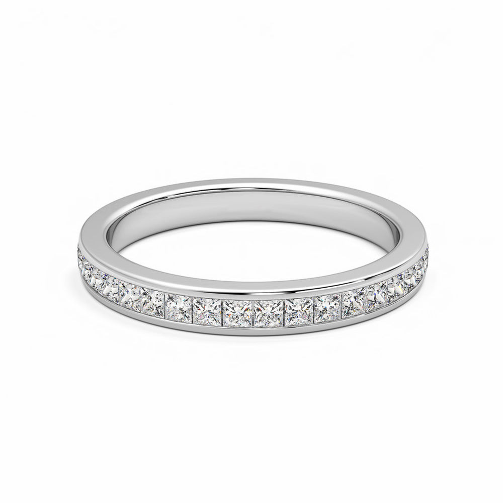 Channel Set Princess Moissanite Half Eternity Wedding Band Ring In Sterling Silver