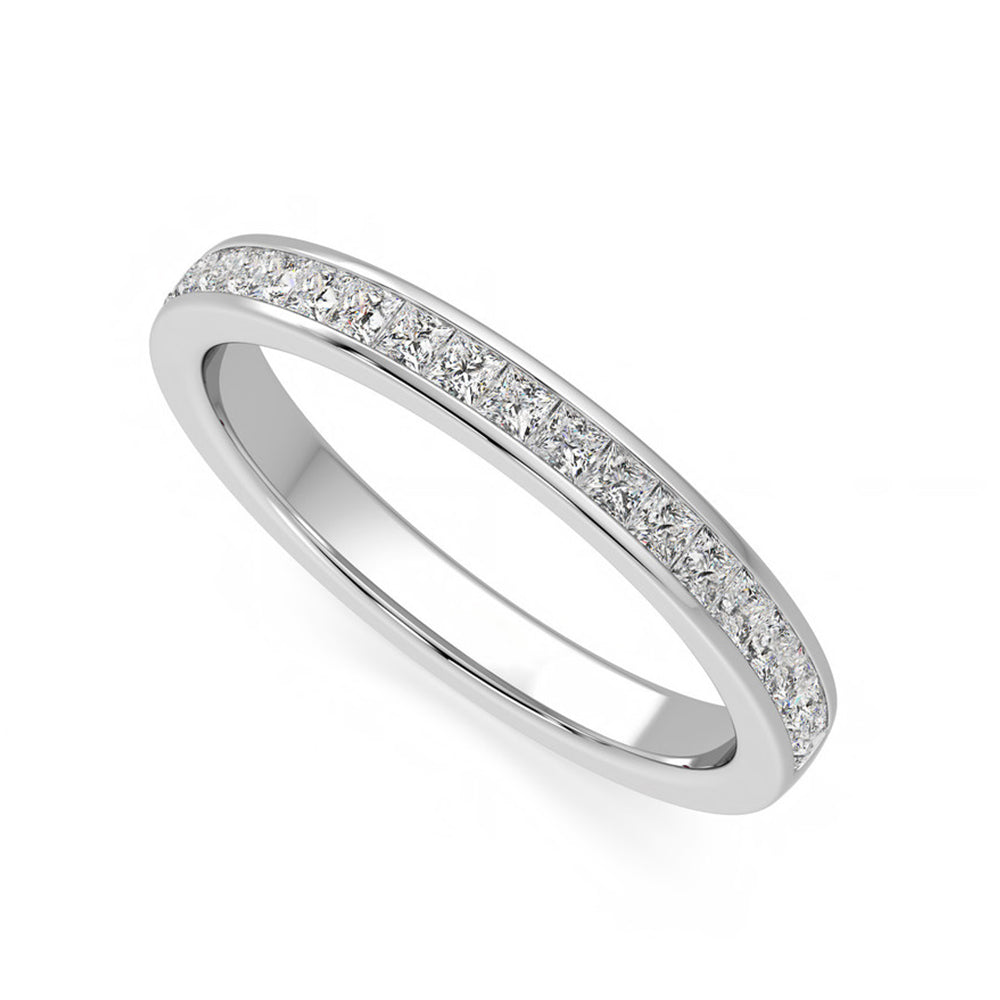 Channel Set Princess Moissanite Half Eternity Wedding Band Ring In Sterling Silver