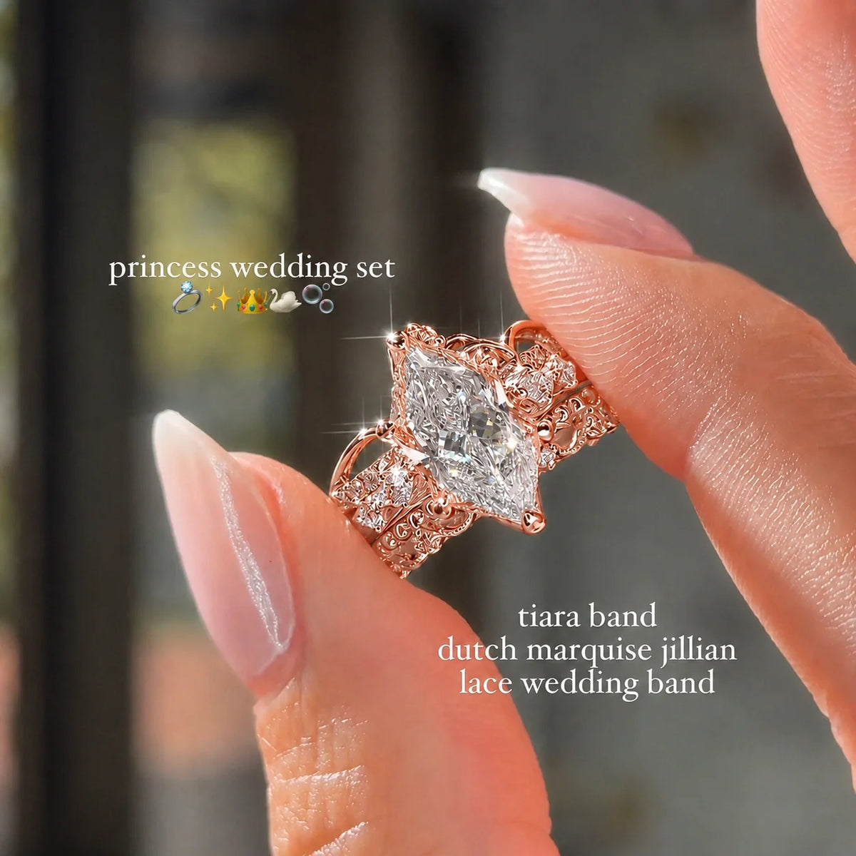 Exquisite 3.0ct Marquise Cut Jillian Lace 3PC Wedding Ring Set in Sterling Silver