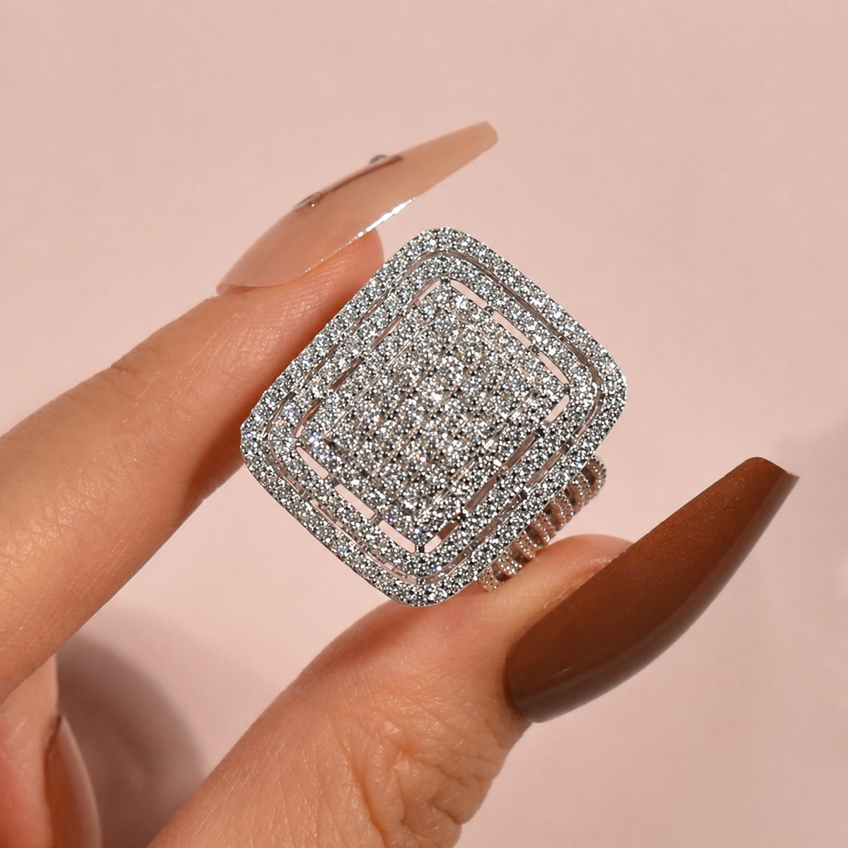 Chunky Square Radiant Cluster • Bold 5ct Look Double Halo Multi-Row Iced Out Engagement Ring In Sterling Silver