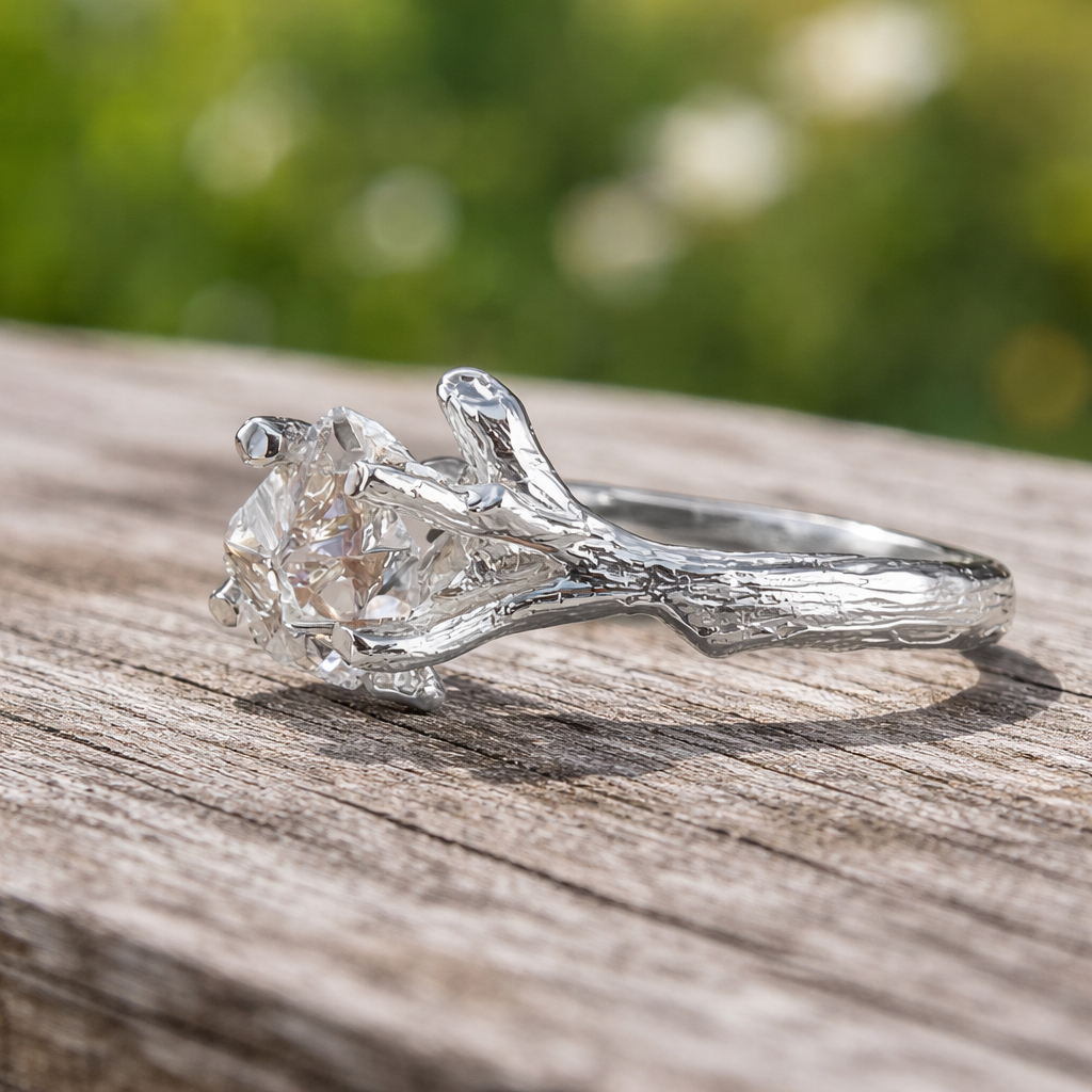 Herkimer Crystal Engagement Ring - 14k Solid Gold Twig Setting
