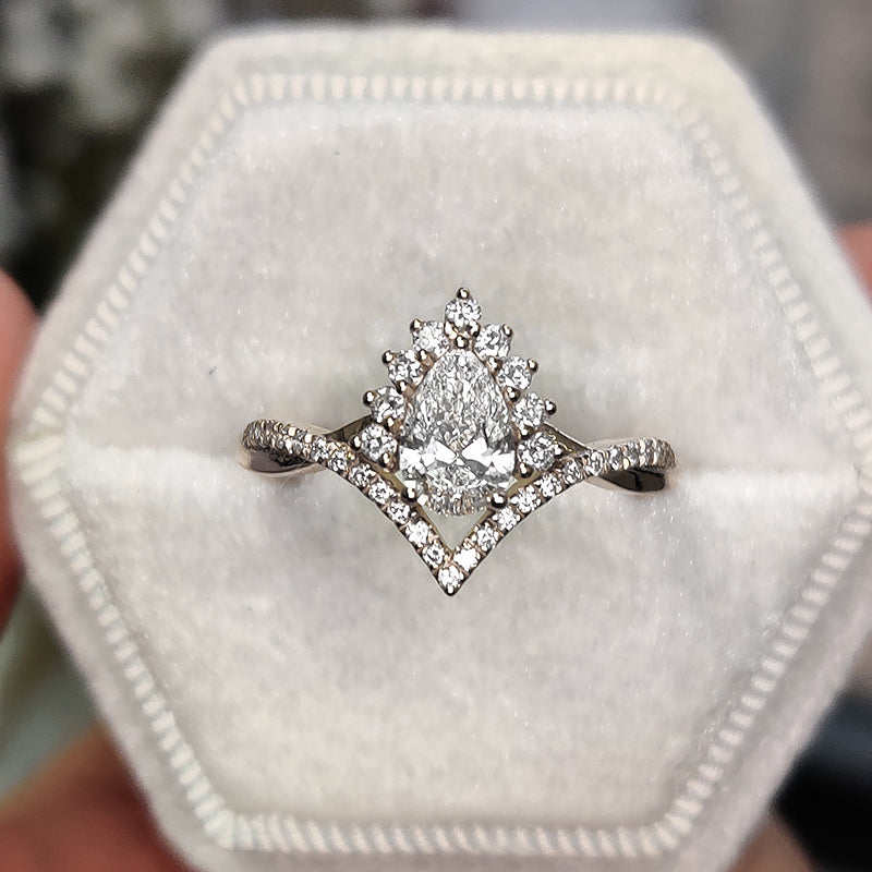Chevron Halo Pear Moissanite Twisted Pave Engagement Ring